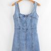 Women's Beau Blue Sleeveless Denim Mini Dress with Zipper Front and Square Neck - Image 10