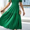 Women's Dark Green Textured Smocked Puff Short Sleeve High Waist Long Dress - Image 2