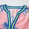 Women's Pink Floral Print Striped Notched V Neck Bubble Sleeve Blouse - Summer Style - Image 6