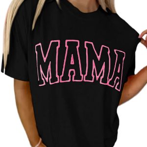 Women's Black MAMA Letter Graphic Neon T-Shirt - Casual Oversized Tee