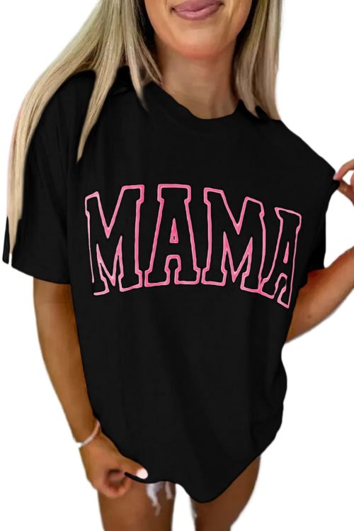 Women's Black MAMA Letter Graphic Neon T-Shirt - Casual Oversized Tee