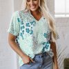 Women's Green Mixed Leopard Print V Neck Short Sleeve Blouse - Casual Summer Top - Image 6