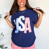 Women's Blue USA Graphic July 4th Crew Neck T-Shirt - Perfect for Independence Day - Image 3