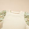 Women's Beige Contrast Floral Bubble Sleeve Patchwork Ribbed Top - Chic & Elegant - Image 15