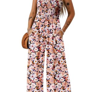 Women's Black Floral Print Smocked High Waist Square Neck Jumpsuit for Spring Events