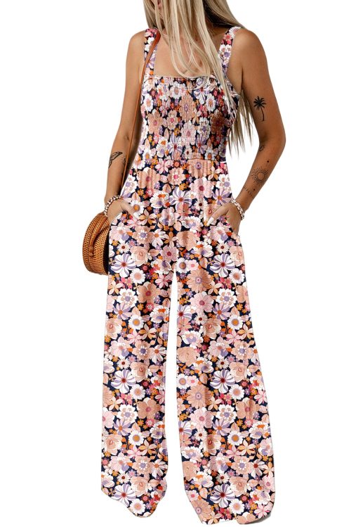 Women's Black Floral Print Smocked High Waist Square Neck Jumpsuit for Spring Events