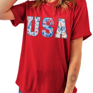 Women's Red Floral USA Graphic Cuffed Sleeve Crew Neck Tee