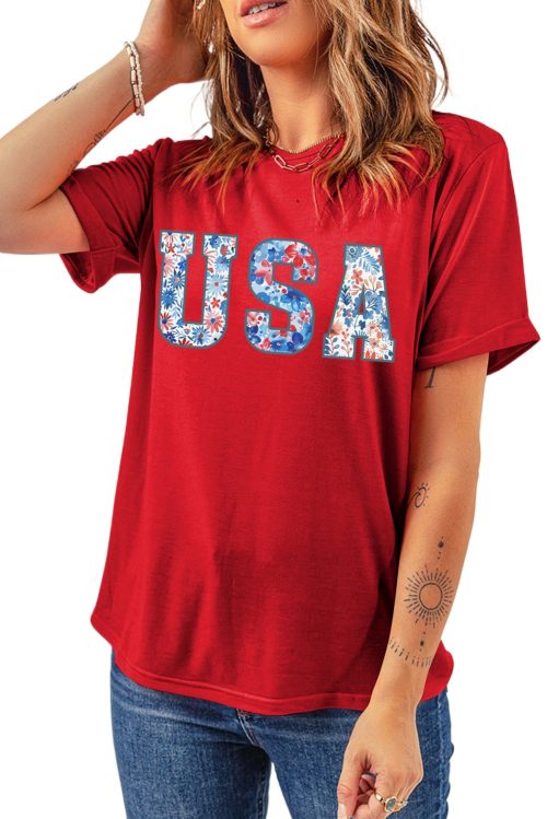 Women's Red Floral USA Graphic Cuffed Sleeve Crew Neck Tee