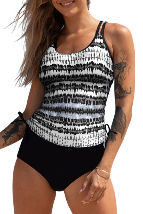 Women's Black Printed Double Straps Tankini Top with Solid Shorts - Stylish 2-Piece Swimsuit