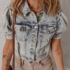 Women's Beau Blue Light Wash Puff Sleeve Denim Jacket with Buttoned Chest Pockets - Image 5