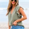 Elegant Laurel Green Flutter Sleeve Lace V Neck Shirt for Women - Image 3