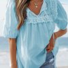 Women's Mist Blue Embroidered Lace Patchwork Tie Neck Puff Short Sleeve Blouse - Image 7