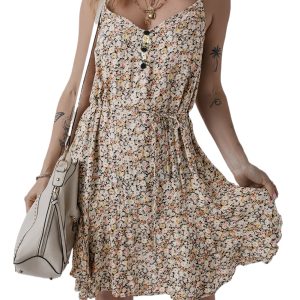 Women's Khaki Boho Floral Printed Tie Waist Flared Sundress - Charming Summer Mini Dress