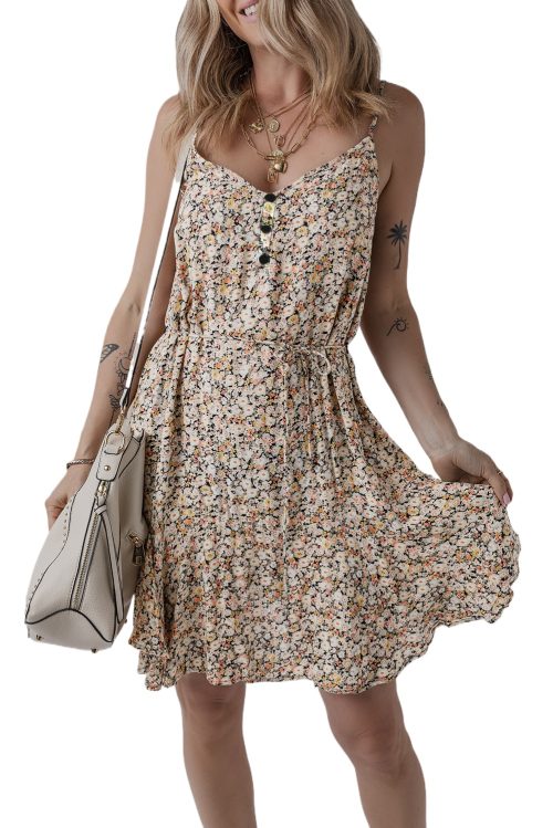 Women's Khaki Boho Floral Printed Tie Waist Flared Sundress - Charming Summer Mini Dress
