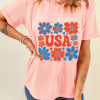 Women's Pink Shimmer USA Letter Printed Casual T-Shirt with Floral Design - Image 8