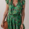 Women's Vibrant Green Floral Tie Split Neck Ruffled Tiered Short Dress - Image 6