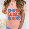 Women's Pink Shimmer USA Letter Printed Casual T-Shirt with Floral Design - Image 4