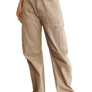 Women's Khaki High Waist Straight Leg Cargo Pants with Pockets