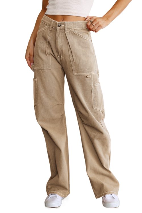 Women's Khaki High Waist Straight Leg Cargo Pants with Pockets
