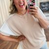 Plus Size Parchment Twist Rib Colorblock Hi Low Short Sleeve Top for Women - Image 3