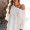 Women's Beige Textured Knit Short Sleeve Sweater - Versatile One Shoulder Style - Image 5