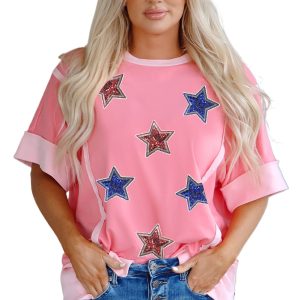 Women's Peach Blossom Sequin Star Graphic Tee - Contrast Patchwork Design