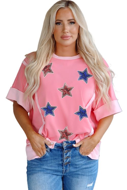Women's Peach Blossom Sequin Star Graphic Tee - Contrast Patchwork Design