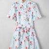 Women's Sky Blue Stripe Floral Ruffle Mini Dress with Belt - Image 14