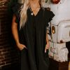Women's Elegant Black Frilled V Neck Pleated Ruffle Detail Short Shift Dress - Image 10