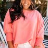 Women's Blossom Coral Plus Size Textured Blouse with Shirred Cuffs - Image 7