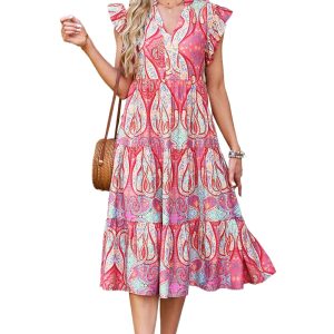 Women's Rose Tribal Paisley Print Ruffled Sleeve Notch Neck Midi Dress - Bohemian Style