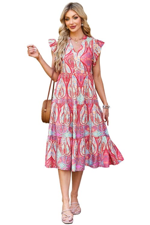 Women's Rose Tribal Paisley Print Ruffled Sleeve Notch Neck Midi Dress - Bohemian Style