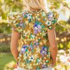 Women's Yellow Floral Print V Neck Top with Tiered Flutter Sleeves - Image 2