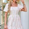 Women's Pink Floral Puff Sleeve Mini Dress with Square Neck and Open Back - Image 7