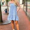 Trendy Beau Blue Denim Mini Dress with Bow Detail and Ruffle Hem - Image 3