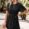 Elegant Black Pleated Mini Dress with Butterfly Sleeves and Belt - Image 3