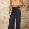 Women's Black Drawstring Frilled Waist Wide Leg Utility Trousers with Cargo Pockets - Image 15