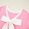 Women's Bonbon Colorblock Short Sleeve Sweater with Bow Applique and V-Shape Cut Back - Image 10