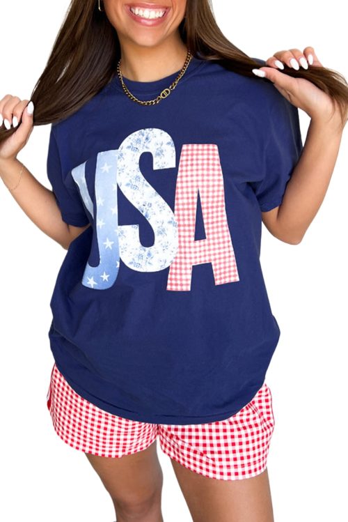 Women's Blue USA Graphic July 4th Crew Neck T-Shirt - Perfect for Independence Day