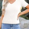Women's Lightweight White V Neck Ribbed Knit Short Sleeve Sweater - Image 8