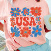 Women's Pink Shimmer USA Letter Printed Casual T-Shirt with Floral Design - Image 2