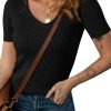 Women's Black V Neck Ribbed Knit Short Sleeve Sweater - Lightweight & Comfortable - Image 8