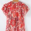 Women's Red Vintage Floral Ruffle Sleeve V Neck Blouse - Lightweight Chiffon Summer Top - Image 10