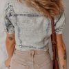Women's Beau Blue Light Wash Puff Sleeve Denim Jacket with Buttoned Chest Pockets - Image 2