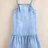 Trendy Beau Blue Denim Mini Dress with Bow Detail and Ruffle Hem - Image 7