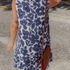 Elegant Blue Floral Sleeveless Colorblock Notched V Neck Mini Dress for Women - Image 2