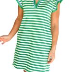 Women’s Green Stripe Print Contrast Collar Split Neck Flutter Sleeve Short Dress
