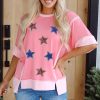 Women's Peach Blossom Sequin Star Graphic Tee - Contrast Patchwork Design - Image 8