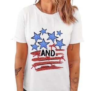 Women's White Stars and Stripes Bow Graphic T-Shirt - Patriotic Summer Tee
