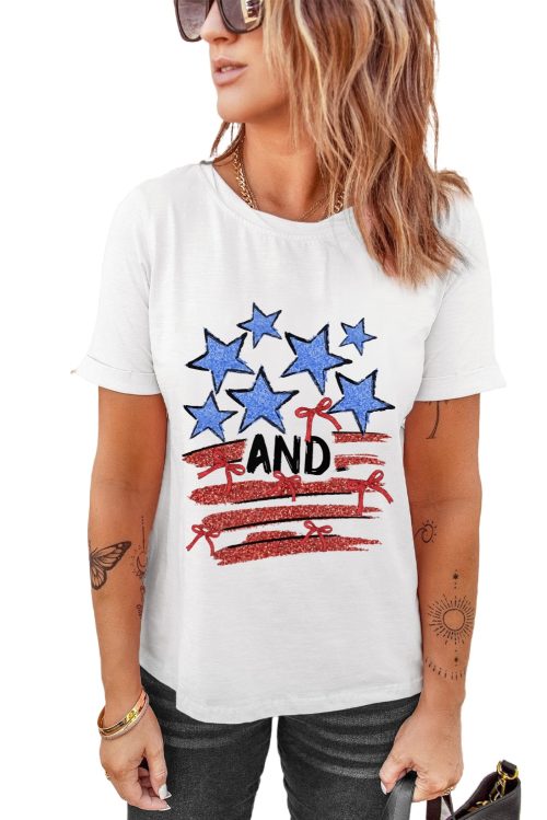 Women's White Stars and Stripes Bow Graphic T-Shirt - Patriotic Summer Tee